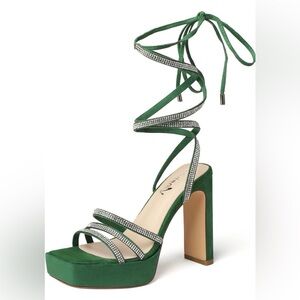 Vivianly Green Strappy Heels with Rhinestones
